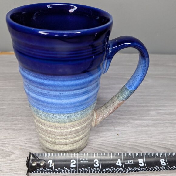 Tall Art Pottery Mug Blue/Brown/Ombre Stripe Large Handle 6" Tall - Picture 7 of 8